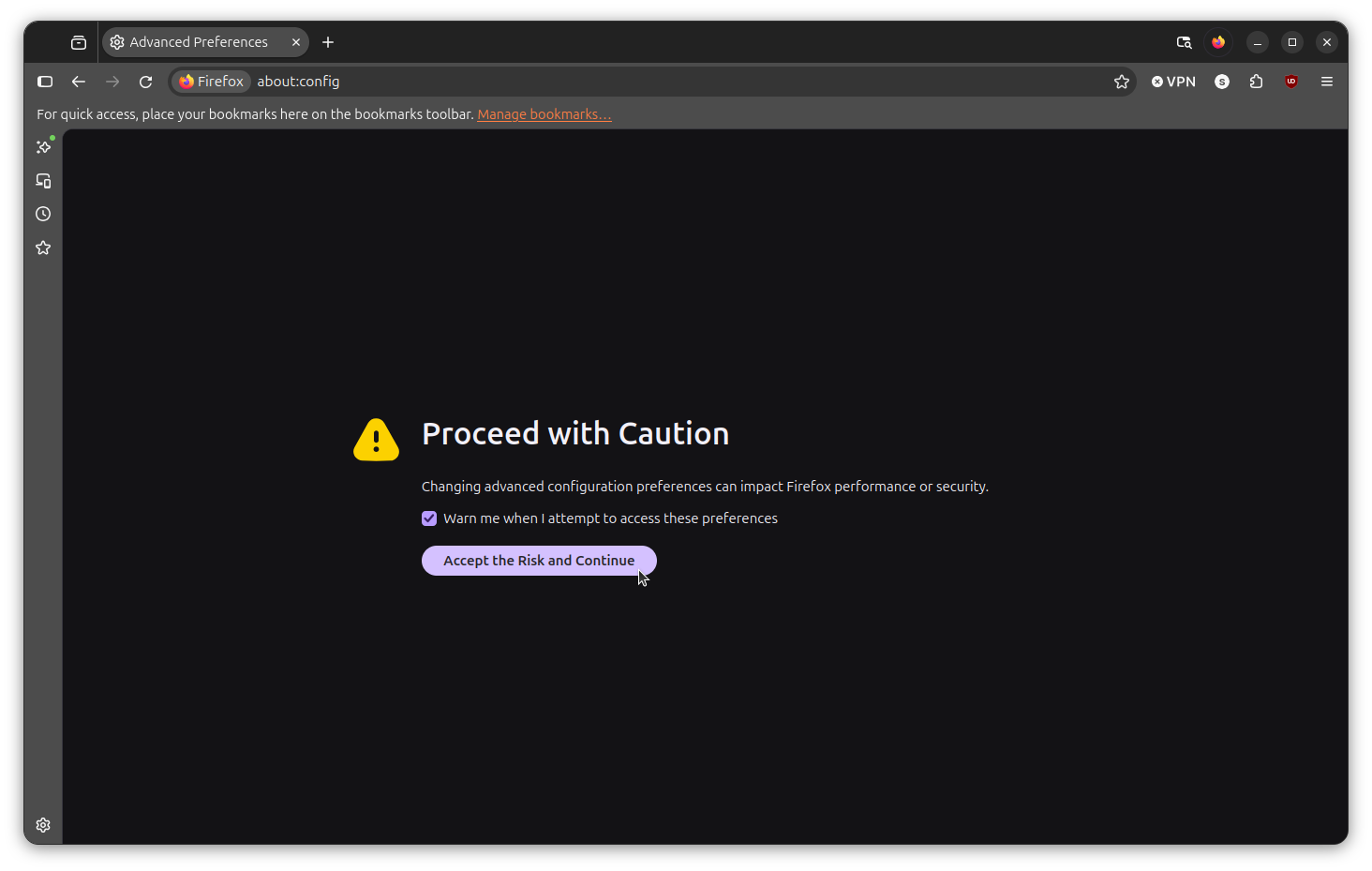 firefox nova about:config page