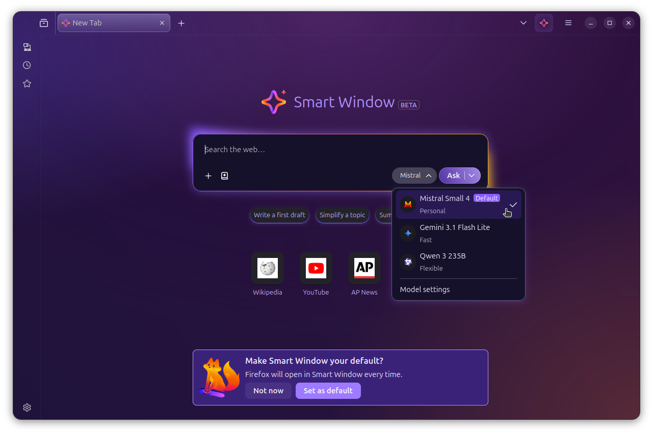 Браузер Firefox добавил французскую нейросеть Mistral Small 4 в Smart Window интерфейс нейросети Mistral Small 4 в браузере Firefox