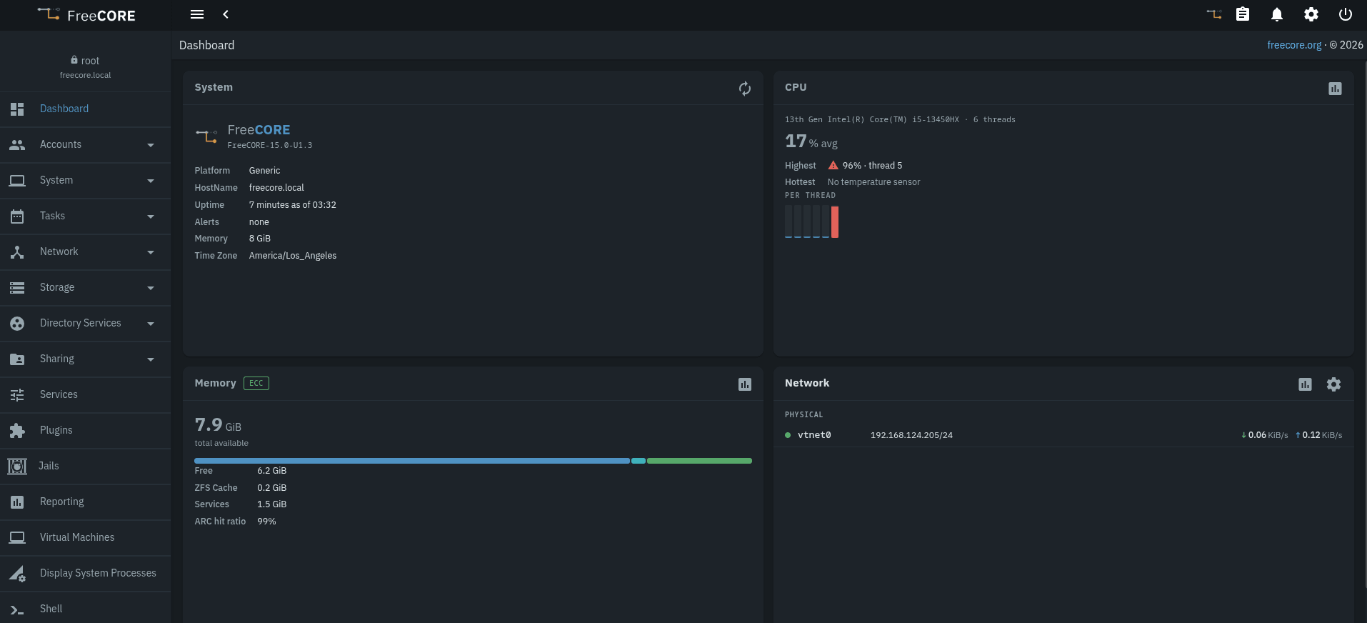 a dashboard-style freecore web user interface that shows a sidebar menu and four big sections that cover system, cpu, memory, and network metrics
