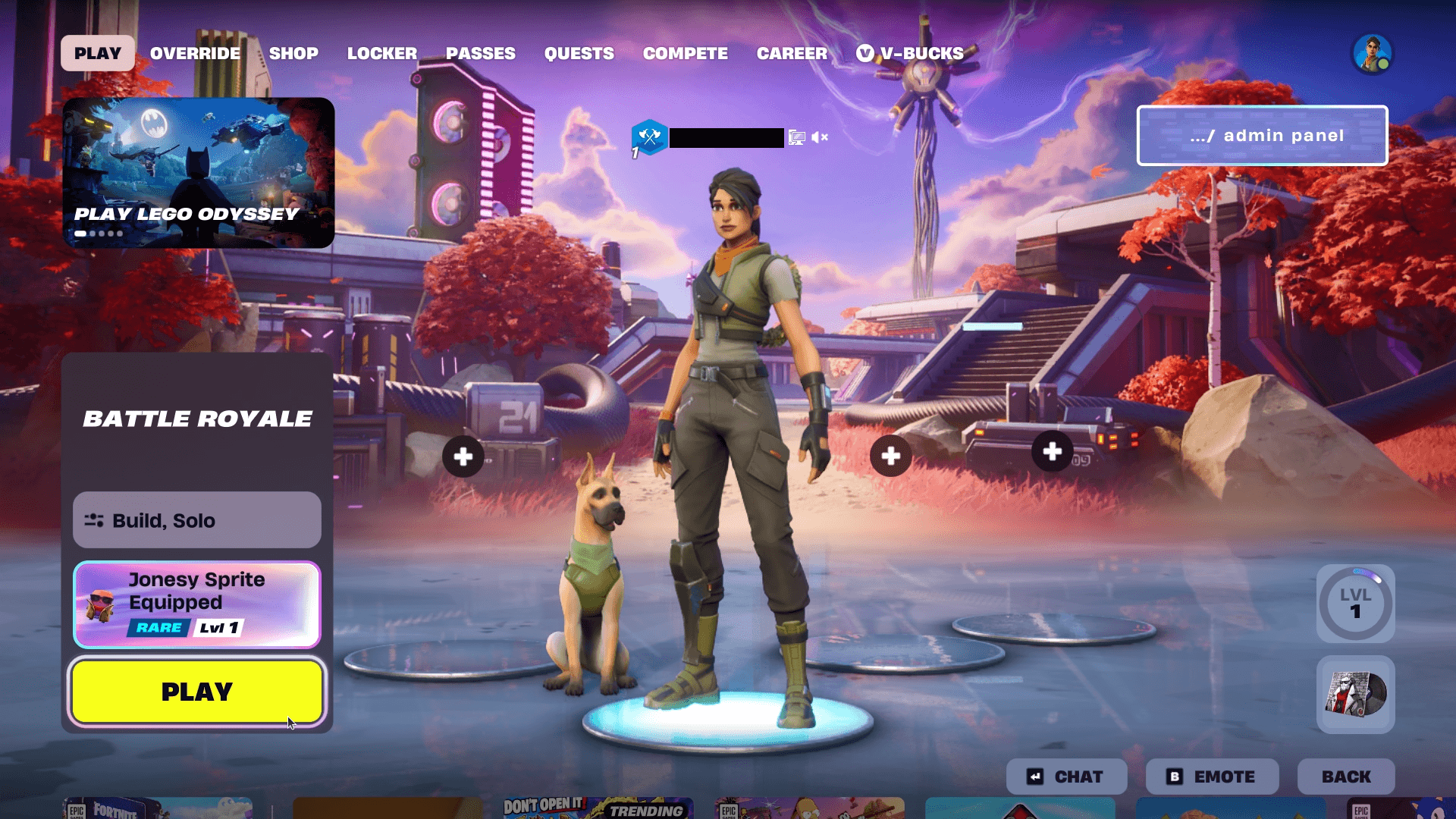fortnite main menu is shown with many colorful elements everywhere, in the middle a dog and a woman are seen standing