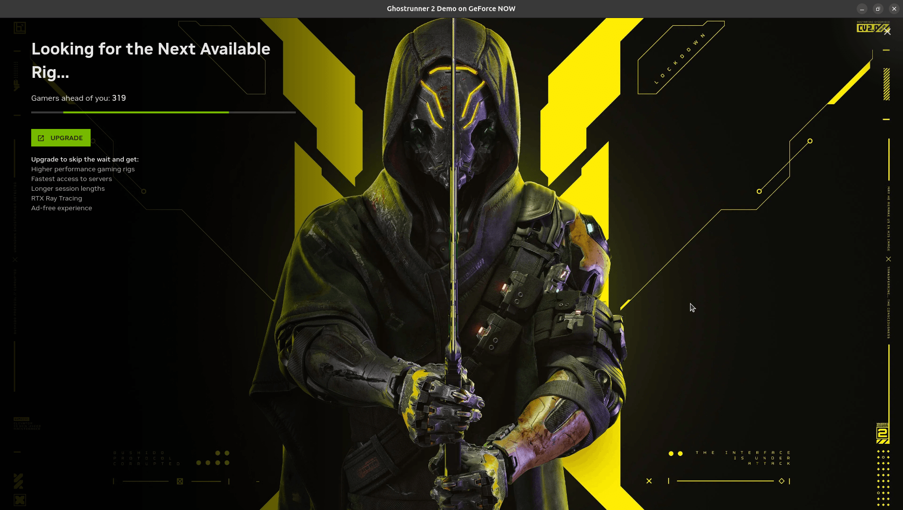 the waiting screen on geforce now for getting access to a free tier gaming rig, the game shown here is ghostrunner 2