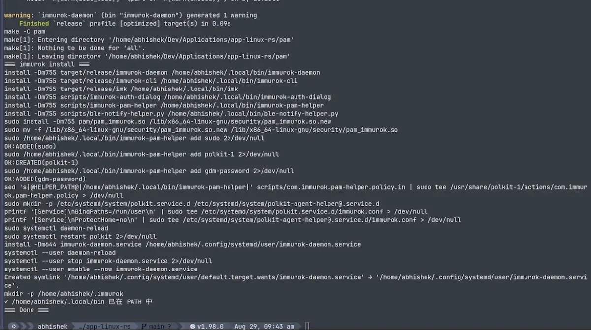 Immurok Linux app installed