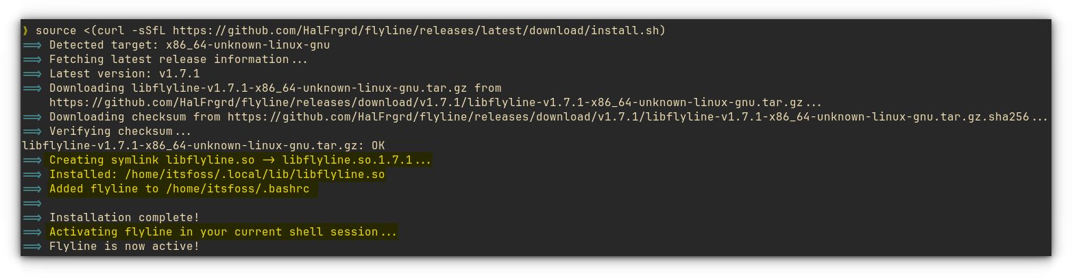 Installing Flyline using the official installer script.