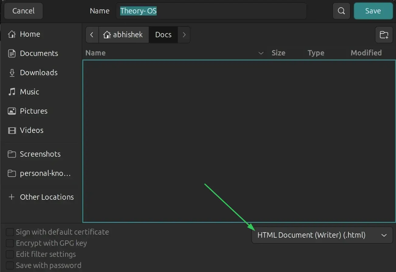 Saving doc file as HTML in LibreOffice