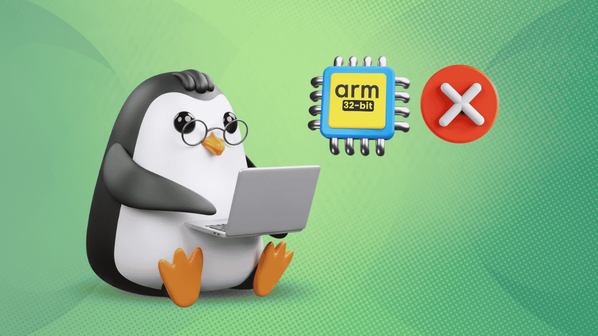 a penguin is working on a laptop, and two floating illustrations showing an arm chip and a cross sign are beside it