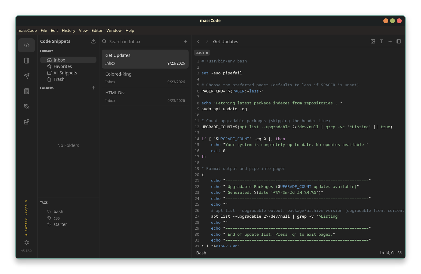 massCode with Syntax Highlighting applied for a bash script code snippet.