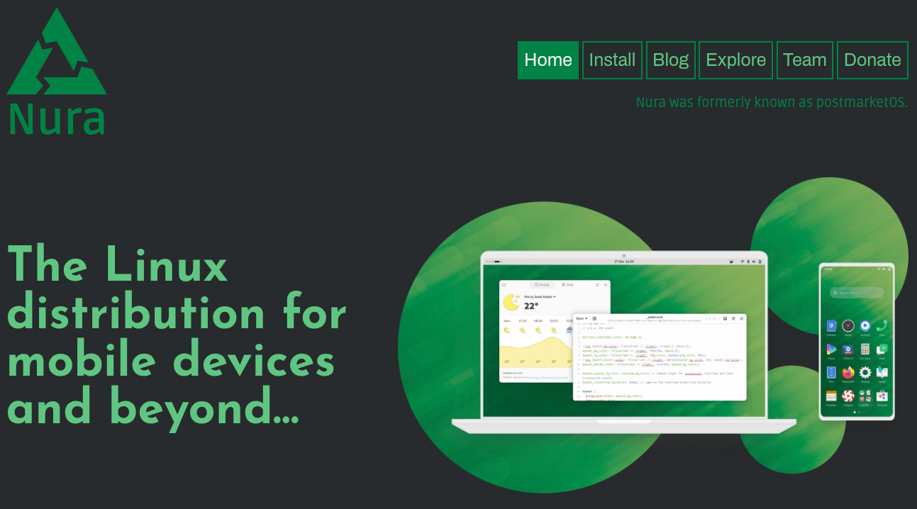 nura homepage showing the new branding for postmarketos