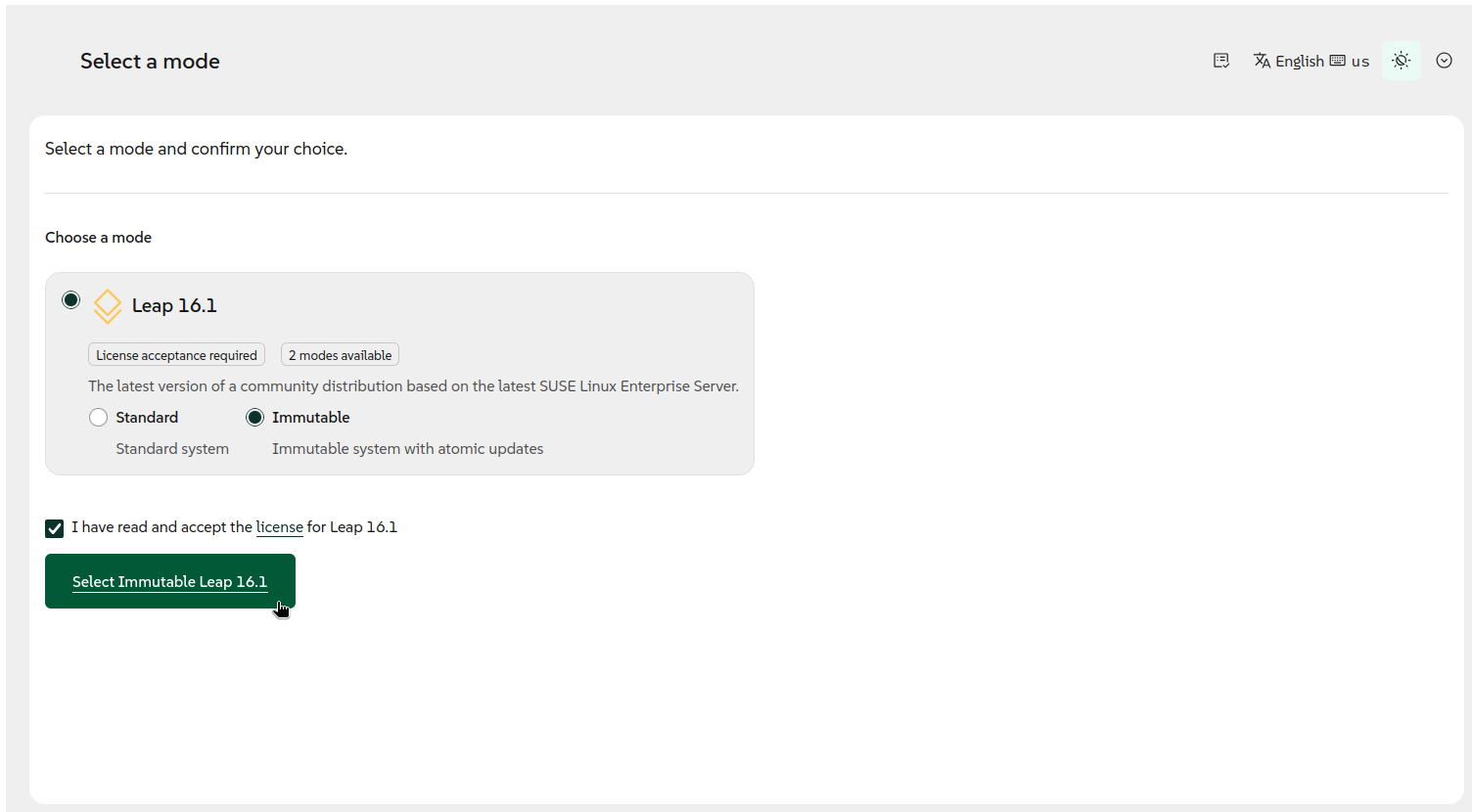 the immutable mode in agama installer for opensuse leap 16.1