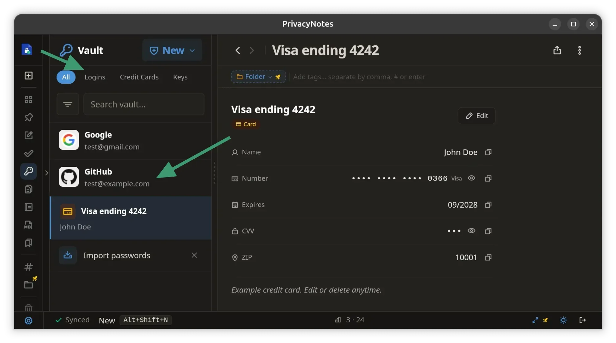 Vault feature in Privacy Notes