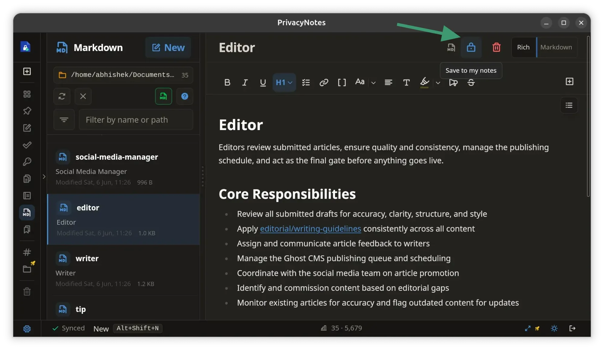 Local markdown files can be added to remote encrypted storage