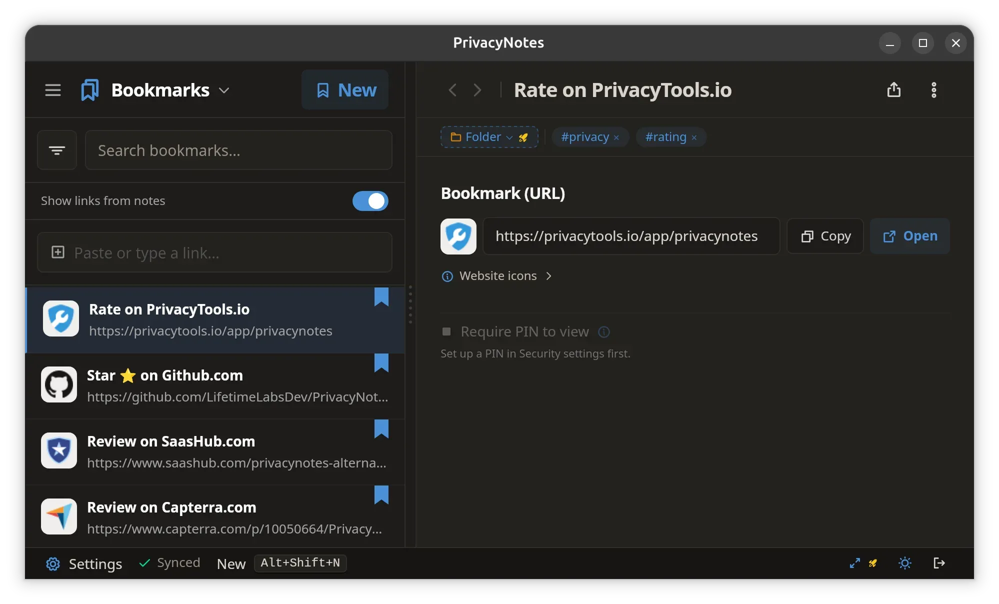 PrivacyNotes also has bookmarks