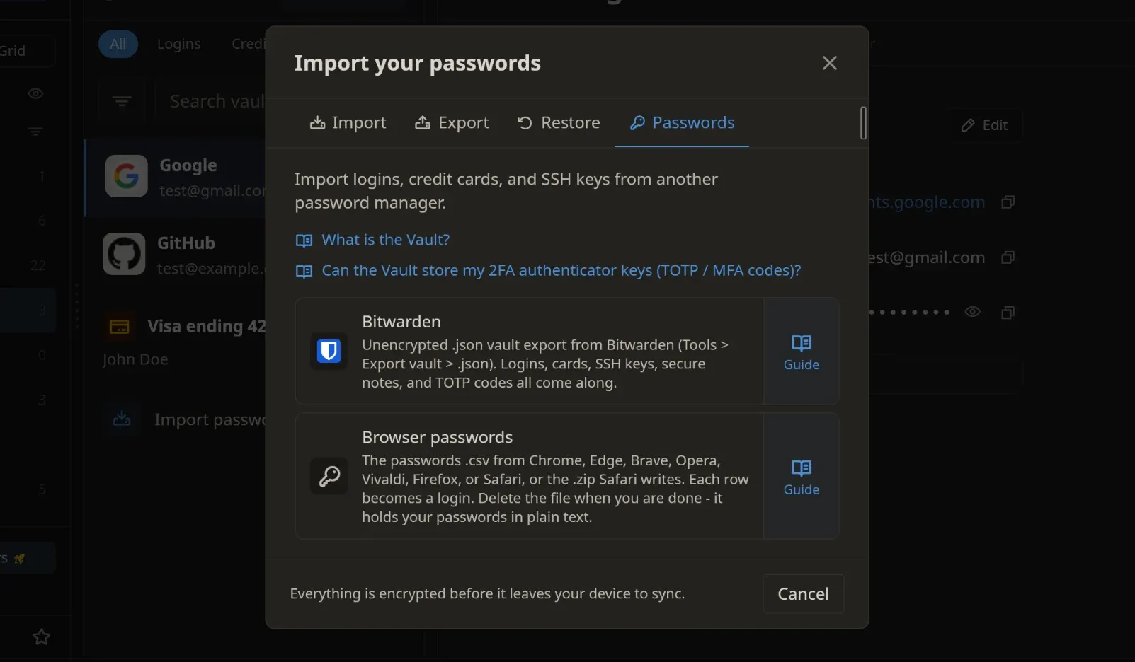 Import passwords in Privacy Notes