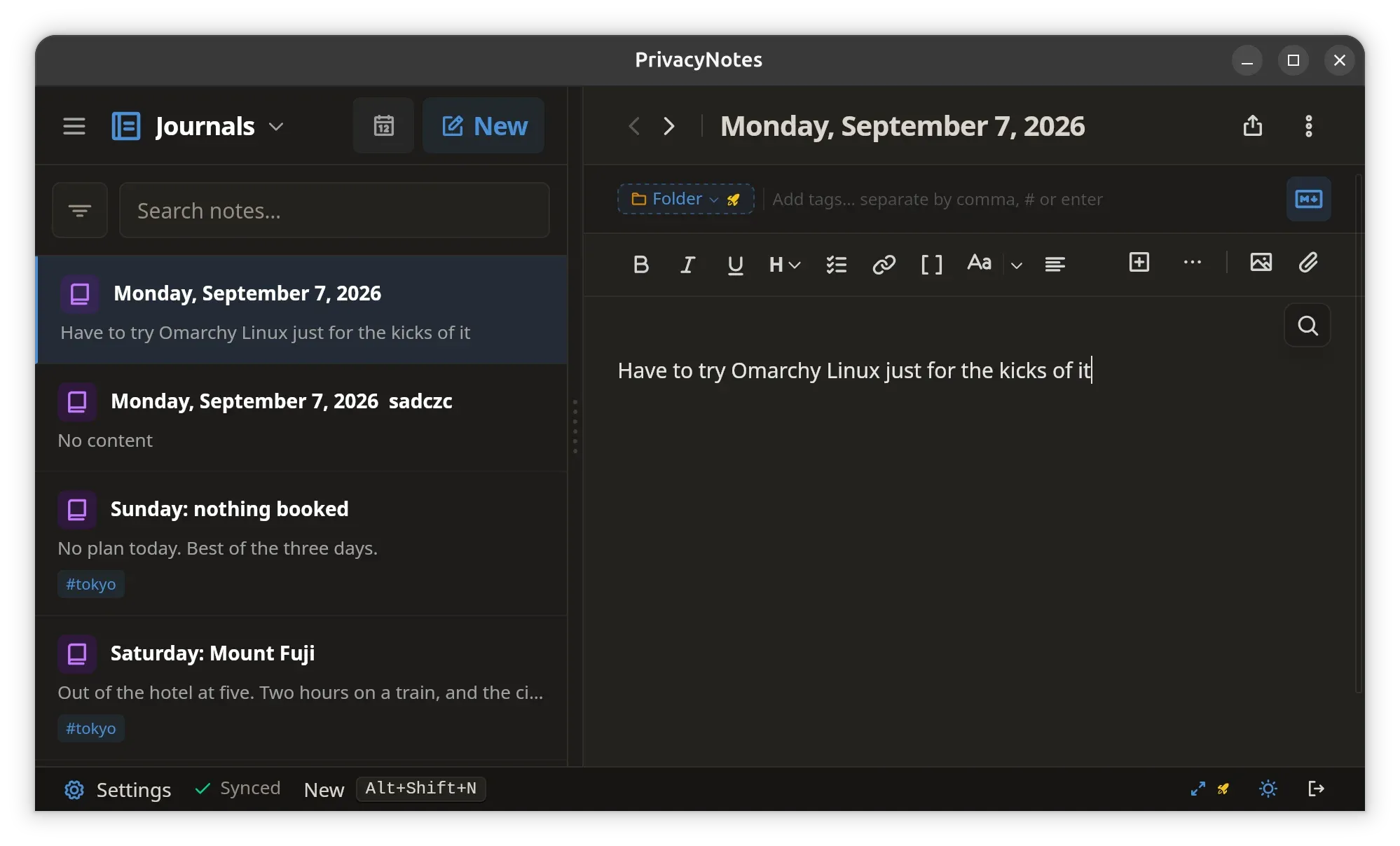 Privacy Notes Journal feature