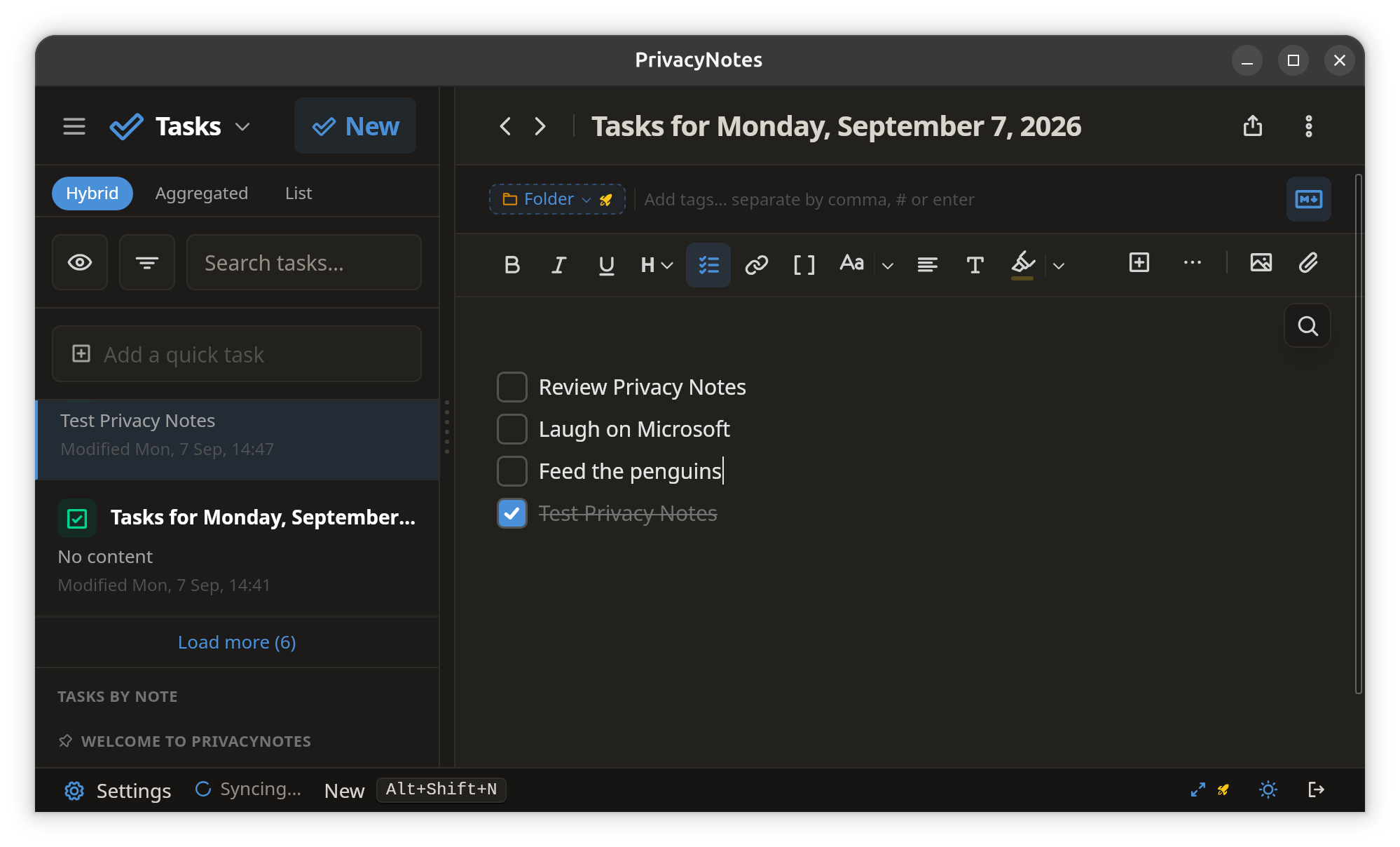Privacy Notes also has tasks