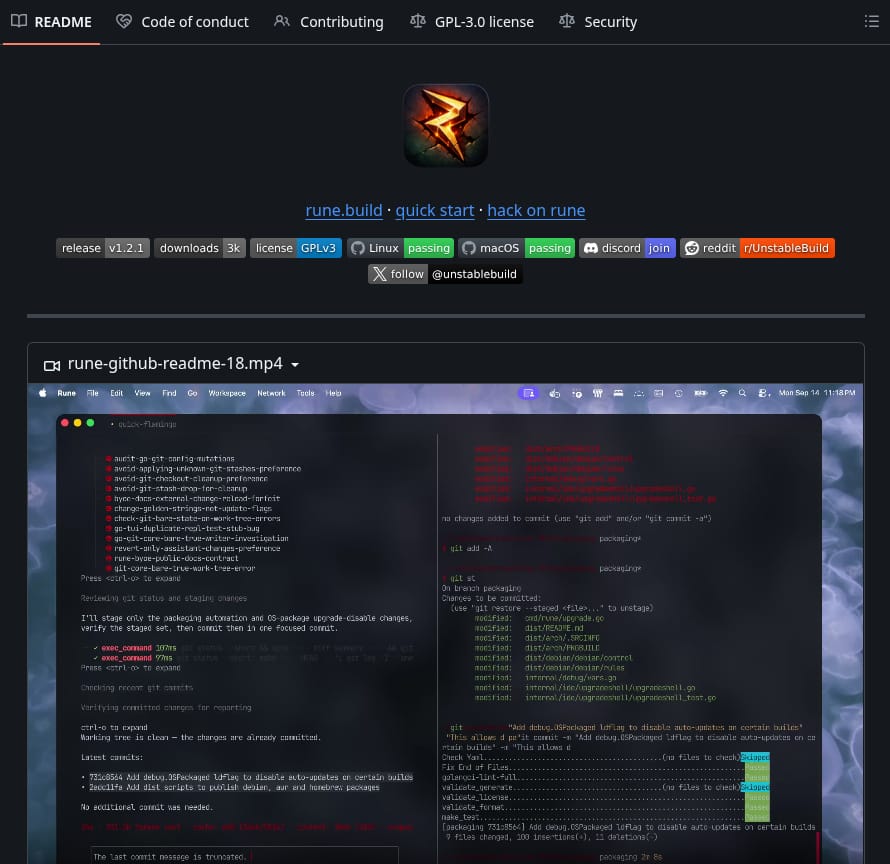 cropped screenshot that partially shows the readme file for rune ide on its github repo