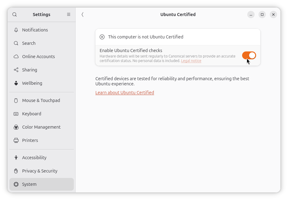 ubuntu certification check inside the settings menu for ubuntu 26.10