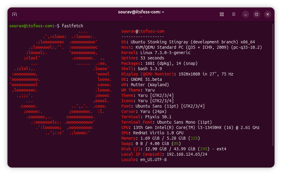 fastfetch output of a development build of ubuntu 26.10 shown inside a terminal window