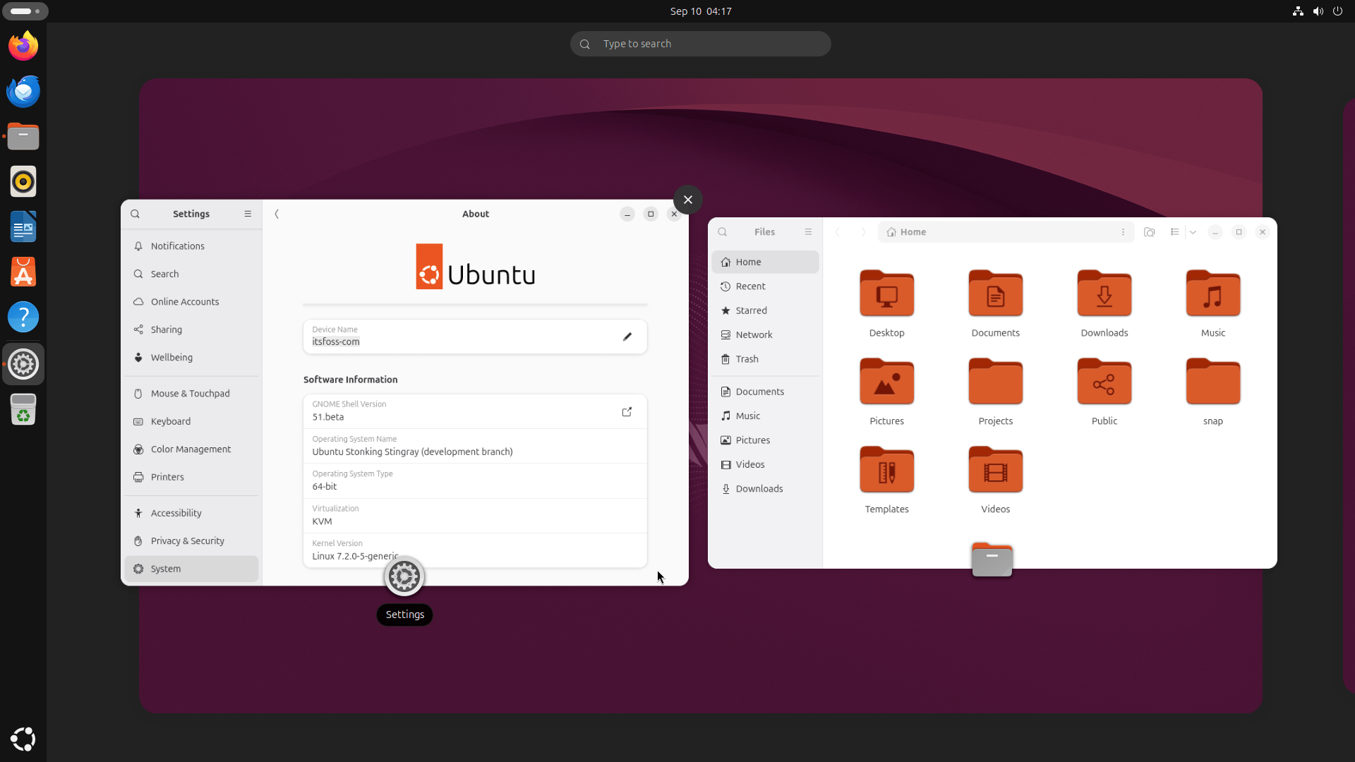 an early build of gnome 51 is showcased here on a development build of ubuntu 26.10 where the settings app and file manager are open