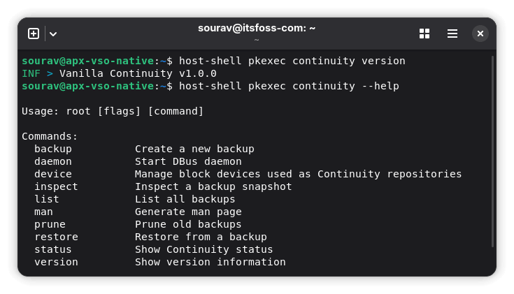 a terminal window that shows vanilla os' continuity backup cli tool