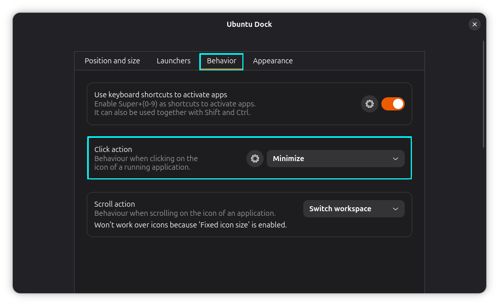 Set the dock click action to minimize using the extension settings.