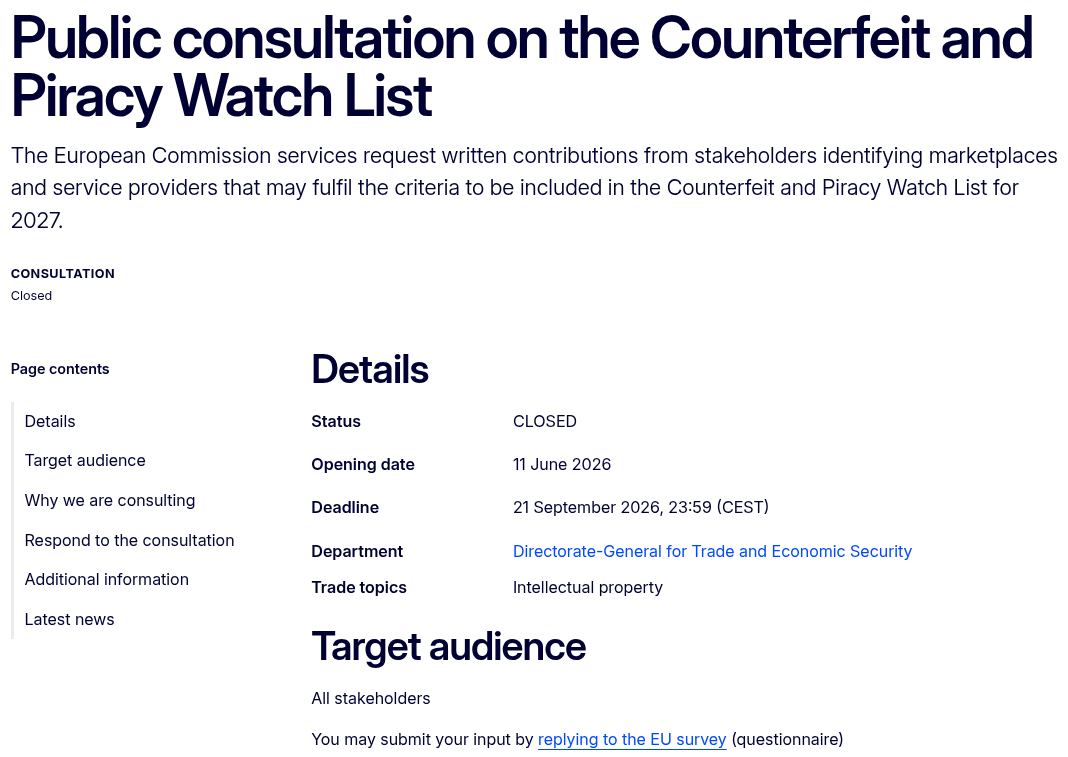 eu's public consultation on the counterfeit and piracy watch list webpage showing some key details