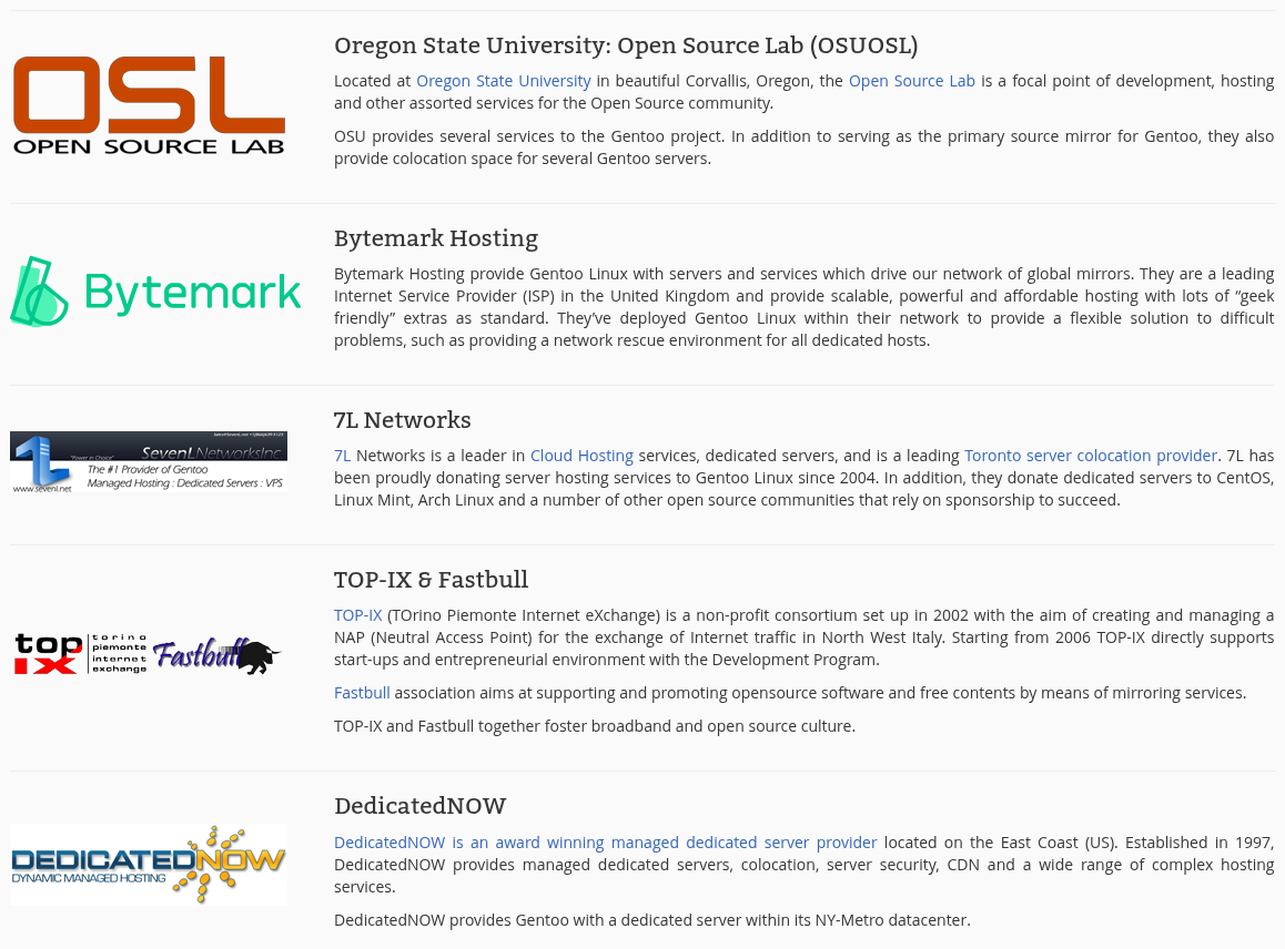 gentoo's sponsors list shown partially