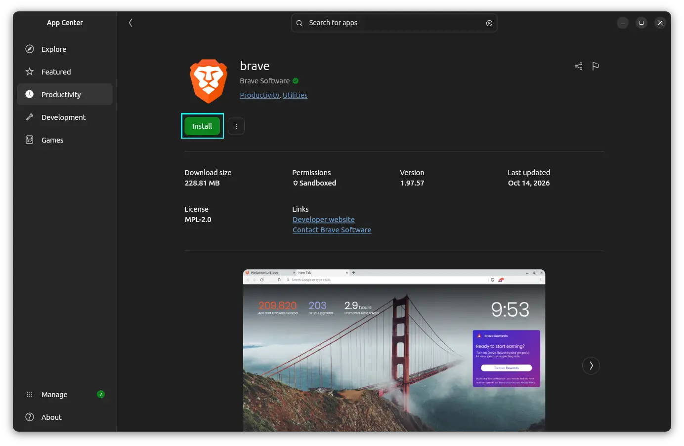 Install application via Ubuntu App Center. This screenshot shows the Brave Browser Snap applicaton installation page in the App Center.