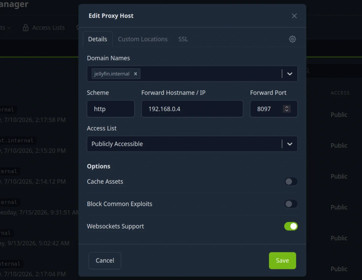 Nginx Proxy Manager Settings