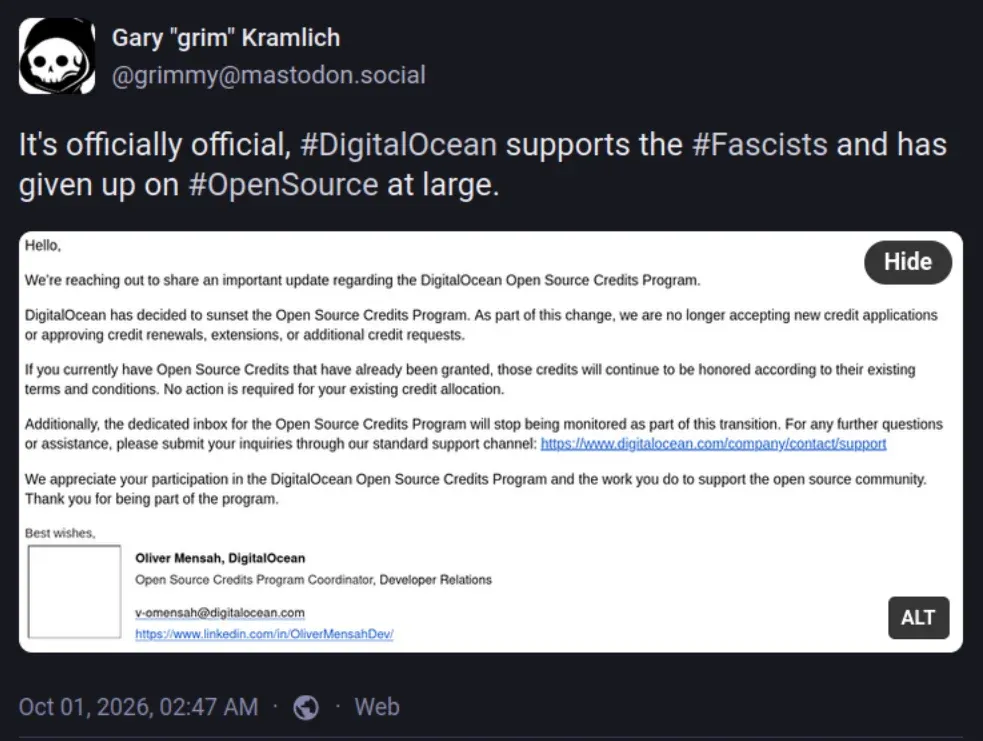 DigitalOcean Quietly Ends Open Source Credits Program