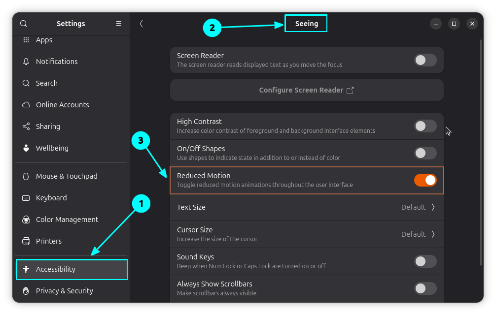 Settings to enable reduced motion animation in Ubuntu