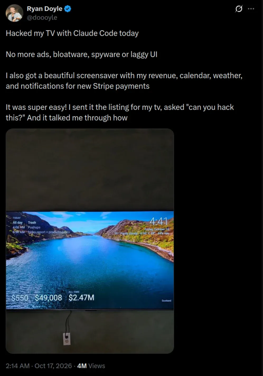 Ryan's tweet telling people that he used Claude to debloat his TV