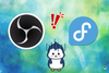 the obs studio logo is placed near two red colored exclamation marks, the fedora logo, and a sad tux