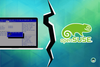 on the left is a laptop with a uefi/bios boot mode selection dialog, and on the right is the opensuse logo