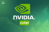 nvidia logo, with cuopt written inside a green text box, the background has some abstract elements and some gears