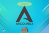 arcolinux logo and a tombstone against blue background