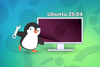 a penguin with a wrench in its hand standing near a monitor with ubuntu 25.04 written on top of it