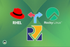 rhel, rocky linux logo at top, risc-v international logo at bottom, two left and right arrows in the middle