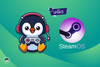 a gamer tux is sitting on the left with a controller in its hand, the old steamos logo is on the right