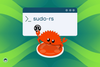 sudo-rs in ubuntu 25.10, the illustration shows a terminal window with sudo-rs written in it, and an orange crab holding the rust logo