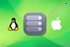 tux, containerization, and apple logos, background is mixed shades of green