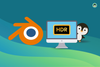 the orange colored blender logo on left, a monitor with the hdr logo in it, and a cute tux peeking out from behind the monitor