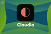 claudia logo in the center, with a circle and black background in it, the background is a mix of blue and green wavy lines
