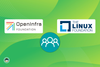 openinfra foundation logo on left, linux foundation logo on right, an illustration of community below
