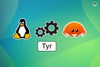 tux on left, gears in middle, tyr written below that, rust logo on right (the crab)