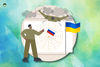 an illustration that shows a military person pointing at a radar output with the russian flag in it, there is a hovering drone and ukraine's flag towards the righ