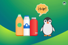 bottles logo in the middle, with a chatbox above, saying help!, there is also a crying tux towards the right