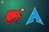 an evil-looking red colored rat on the left with a cross mark over its head, the arch linux logo on right
