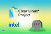clear linux project logo on top, intel logo below that on left, and a grassy tombstone that says R.I.P on the right