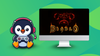 a gamer penguin with a headphone and controller on its hand is sitting on the left, the cover for the first diablo game being shown inside a monitor on the right