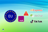 a round eu flag illustration on the left, the noyb logo in the middle, a hazard symbol above it, and the logos for aliexpress, wechat, tiktok on the right